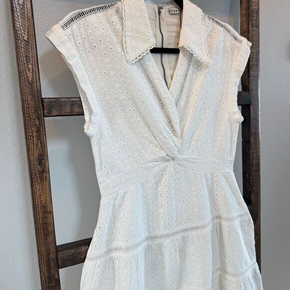 Alice + Olivia Mila Eyelet Dress 6 White Cotton Linen Twist Mini Bridal NWT - Picture 8 of 11